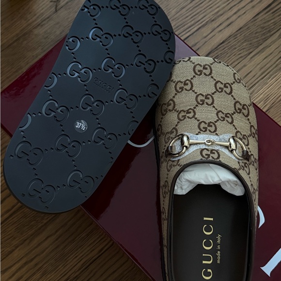 Gucci Beige/Brown GG Canvas Horsebit Slip-On Mules - Picture 2 of 3